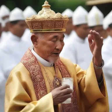 During the ceremony, the religious leader would squeeze out holy water from a bottle onto the worshippers as a symbol of blessing and purification.