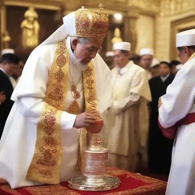 During the ceremony, the religious leader would squeeze out holy water from a bottle onto the worshippers as a symbol of blessing and purification.