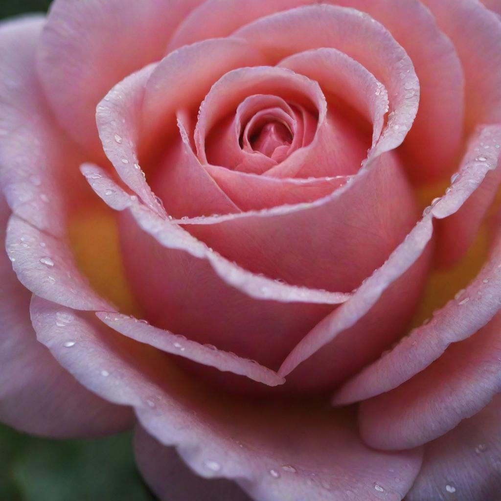 A vibrant, beautifully detailed close-up of a dew-kissed rose in full bloom, its petals catching the soft morning sunlight.