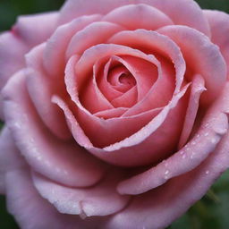 A vibrant, beautifully detailed close-up of a dew-kissed rose in full bloom, its petals catching the soft morning sunlight.