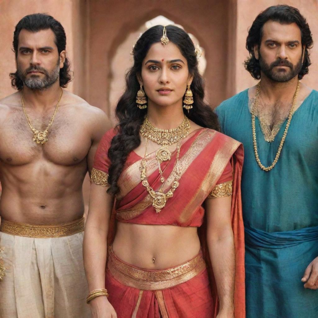 Henry Cavill as Lord Ram, Sai Pallavi as Sita Mata, Bobby Deol as Lakshman, and Prabhas as Hanuman, all styled in traditional Indian costumes, radiating divine aura