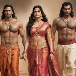 Henry Cavill as Lord Ram, Sai Pallavi as Sita Mata, Bobby Deol as Lakshman, and Prabhas as Hanuman, all styled in traditional Indian costumes, radiating divine aura