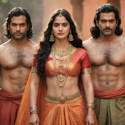 Henry Cavill as Lord Ram, Sai Pallavi as Sita Mata, Bobby Deol as Lakshman, and Prabhas as Hanuman, all styled in traditional Indian costumes, radiating divine aura