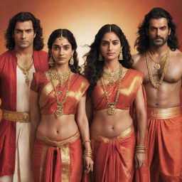 Henry Cavill as Lord Ram, Sai Pallavi as Sita Mata, Bobby Deol as Lakshman, and Prabhas as Hanuman, all styled in traditional Indian costumes, radiating divine aura