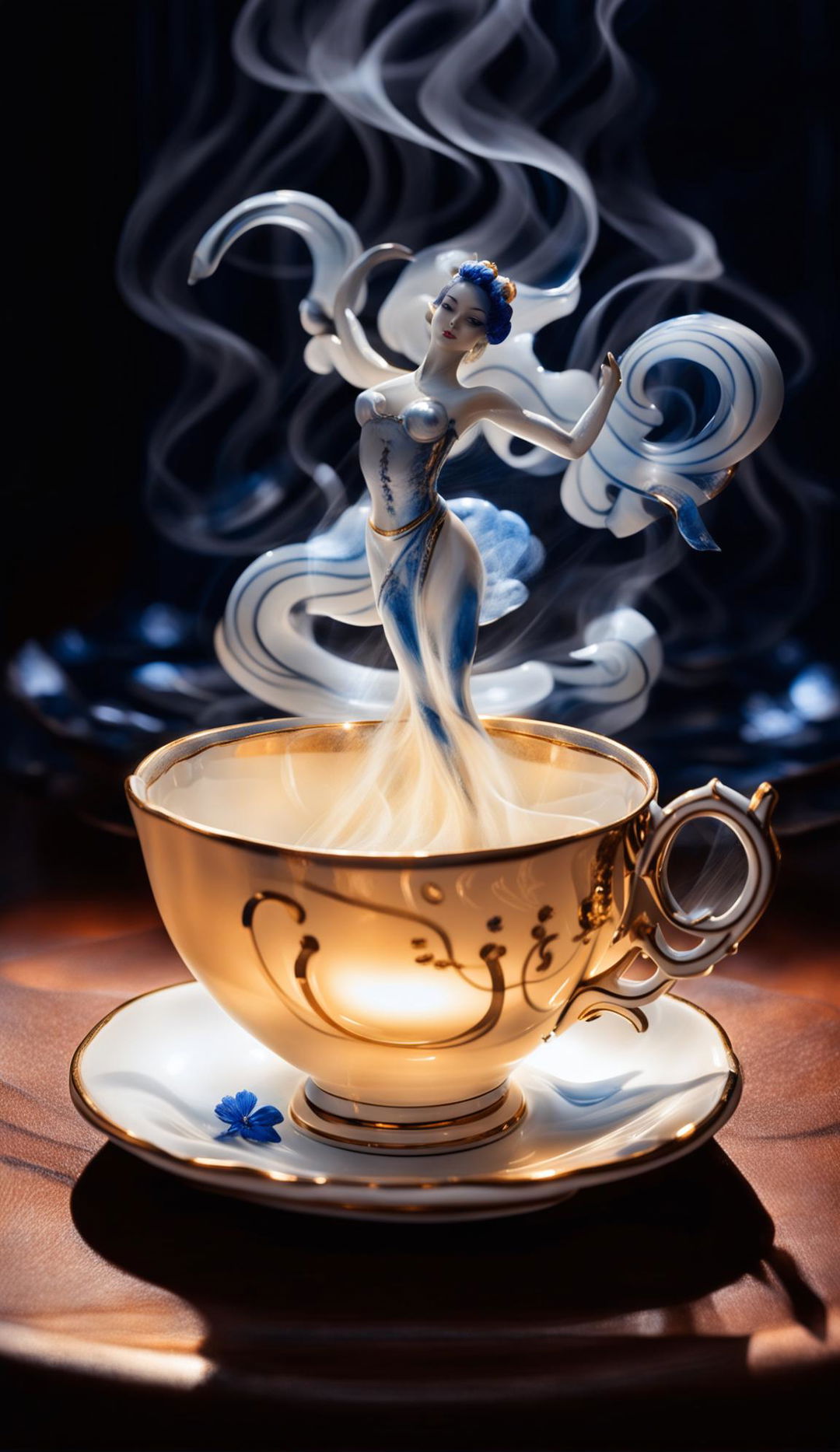 An 8K ultra HD photograph of a fine china teacup with steam forming a dancing ballerina, under cinematic lighting.