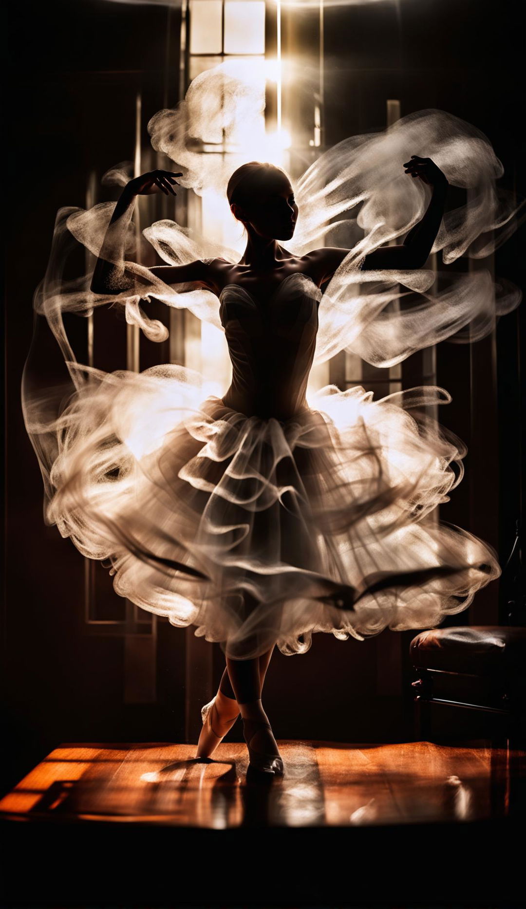 An 8K ultra HD photograph of a ballerina made entirely from steam under cinematic lighting.