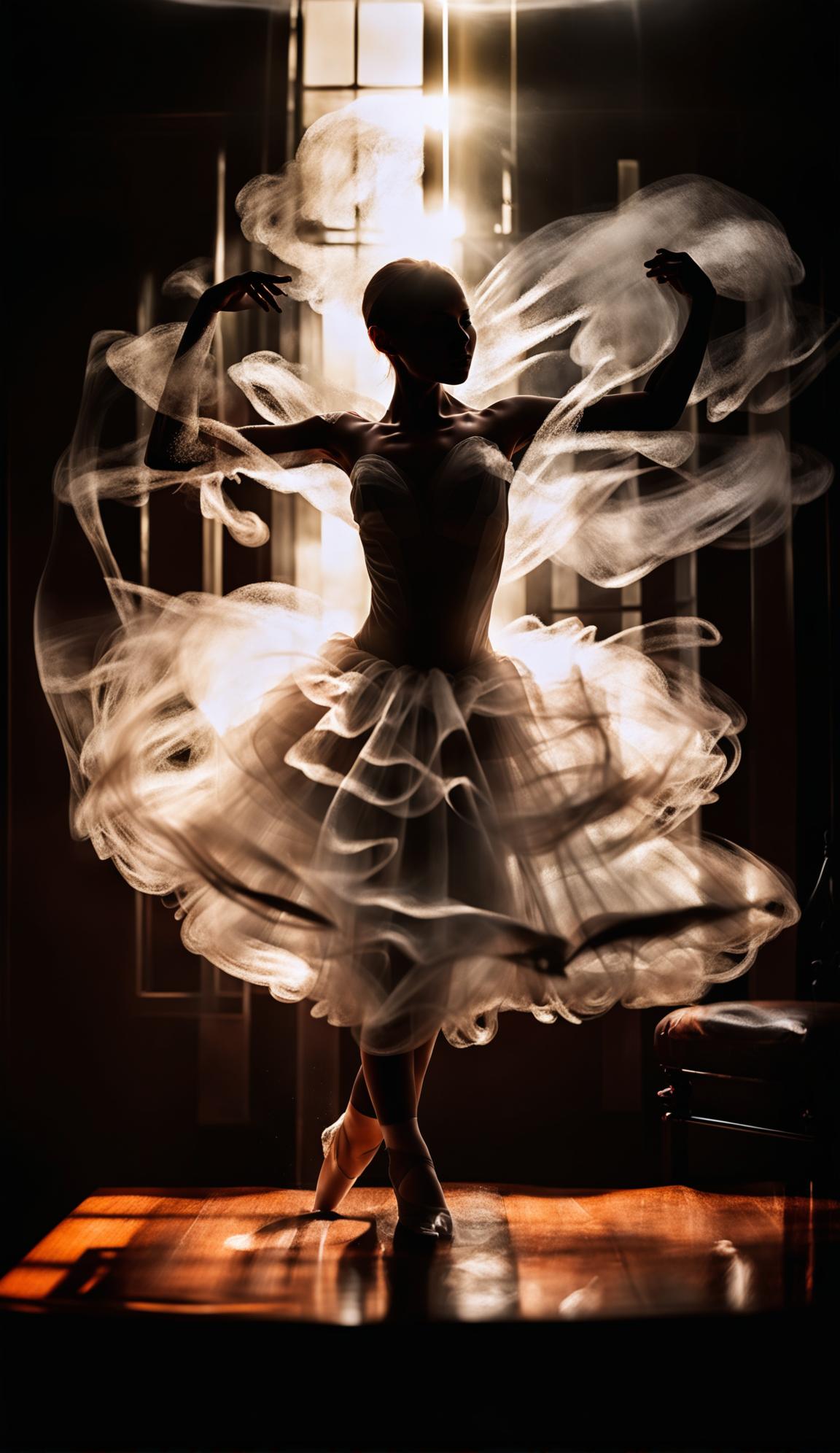 An 8K ultra HD photograph of a ballerina made entirely from steam under cinematic lighting.