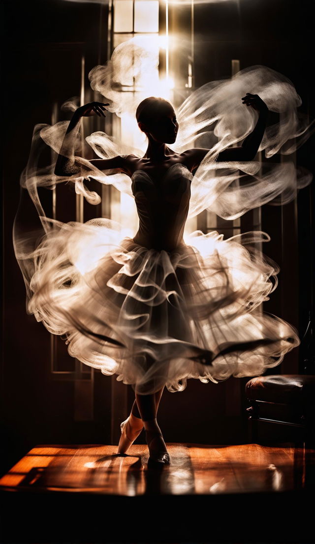 An 8K ultra HD photograph of a ballerina made entirely from steam under cinematic lighting.