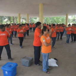 A community of people actively participating in disaster preparedness activities, such as practicing evacuation drills, preparing emergency kits, and conducting training sessions.