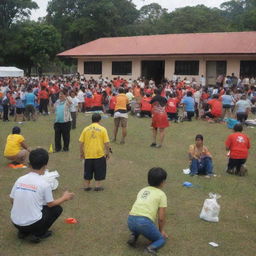 A community of people actively participating in disaster preparedness activities, such as practicing evacuation drills, preparing emergency kits, and conducting training sessions.