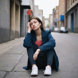 A vulnerable young woman with a broken heart, sitting forlornly on an urban street, engrossed in her emotions.