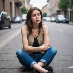 A vulnerable young woman with a broken heart, sitting forlornly on an urban street, engrossed in her emotions.