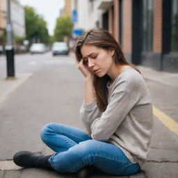 A vulnerable young woman with a broken heart, sitting forlornly on an urban street, engrossed in her emotions.