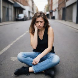 A vulnerable young woman with a broken heart, sitting forlornly on an urban street, engrossed in her emotions.