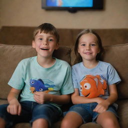 A young boy and girl sitting snugly on a couch with eyes wide and shining, focused on a screen showing the Finding Nemo movie. They are filled with joy and anticipation in a warmly lit room.