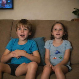 A young boy and girl sitting snugly on a couch with eyes wide and shining, focused on a screen showing the Finding Nemo movie. They are filled with joy and anticipation in a warmly lit room.