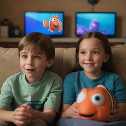 A young boy and girl sitting snugly on a couch with eyes wide and shining, focused on a screen showing the Finding Nemo movie. They are filled with joy and anticipation in a warmly lit room.