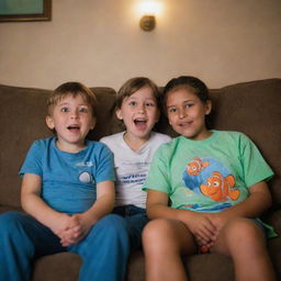 A young boy and girl sitting snugly on a couch with eyes wide and shining, focused on a screen showing the Finding Nemo movie. They are filled with joy and anticipation in a warmly lit room.