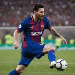 Lionel Messi, professional football player, wearing a blue and red Barcelona jersey, poised to kick a football