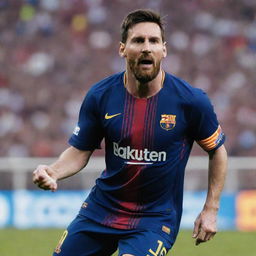 Lionel Messi, professional football player, wearing a blue and red Barcelona jersey, poised to kick a football