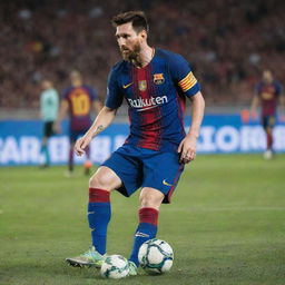 Lionel Messi, professional football player, wearing a blue and red Barcelona jersey, poised to kick a football