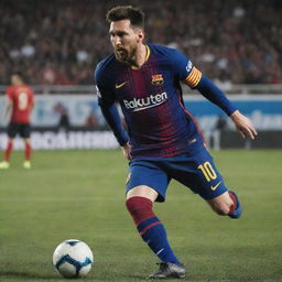 Lionel Messi, professional football player, wearing a blue and red Barcelona jersey, poised to kick a football