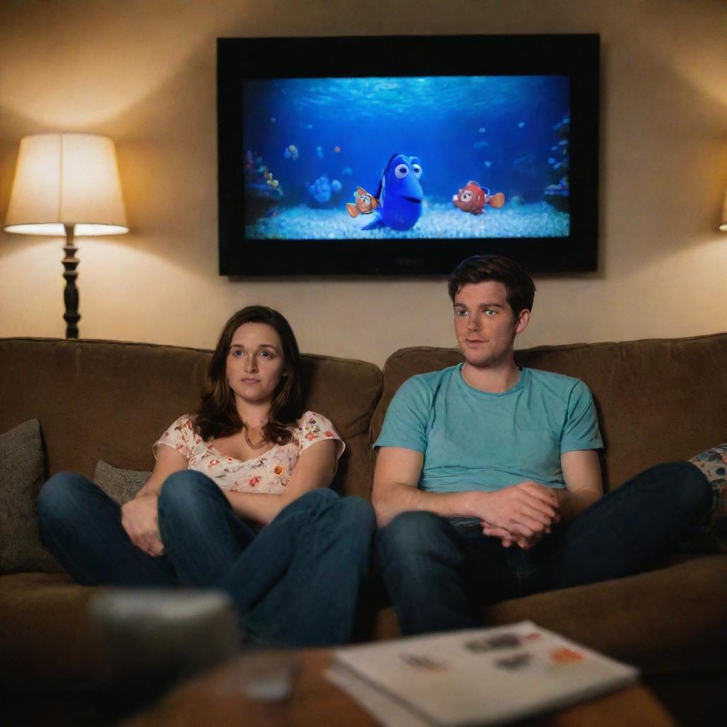 An engaged couple cozily seated on a couch, completely engrossed in watching the animated movie 'Finding Nemo' on a big screen TV with dimmed room lights.