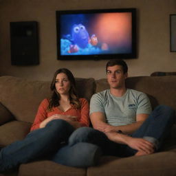 An engaged couple cozily seated on a couch, completely engrossed in watching the animated movie 'Finding Nemo' on a big screen TV with dimmed room lights.