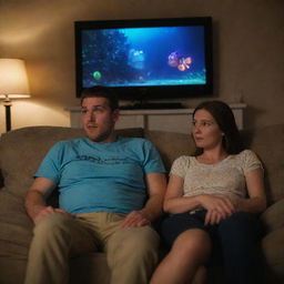 An engaged couple cozily seated on a couch, completely engrossed in watching the animated movie 'Finding Nemo' on a big screen TV with dimmed room lights.