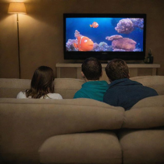 An engaged couple cozily seated on a couch, completely engrossed in watching the animated movie 'Finding Nemo' on a big screen TV with dimmed room lights.