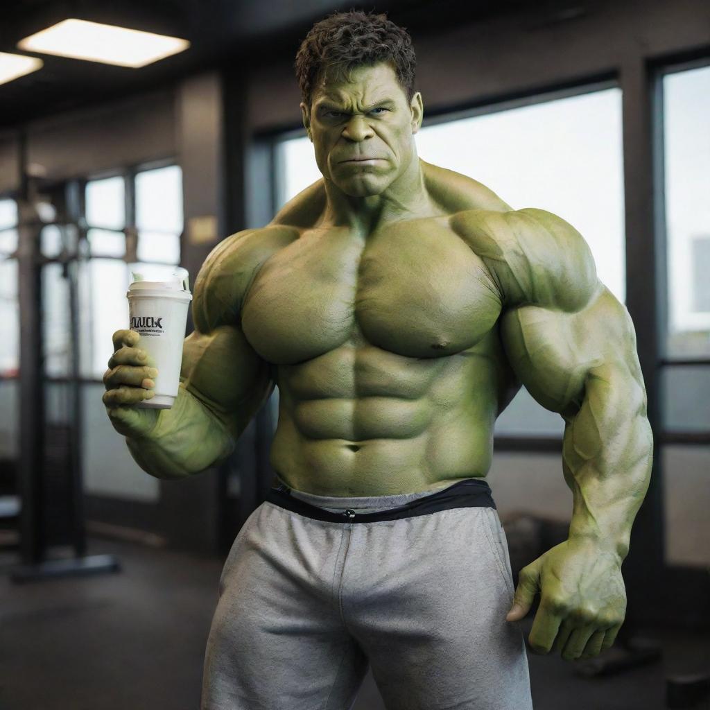 The Hulk, in Marvel Cinematic Universe style, redesigned as a gym enthusiast. He's showing off his exceptional muscles in a gym bro outfit, holding a protein shake.