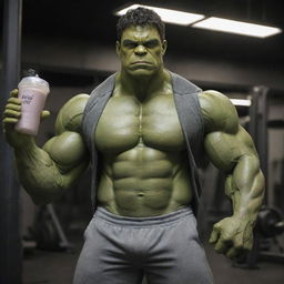 The Hulk, in Marvel Cinematic Universe style, redesigned as a gym enthusiast. He's showing off his exceptional muscles in a gym bro outfit, holding a protein shake.