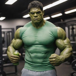 The Hulk, in Marvel Cinematic Universe style, redesigned as a gym enthusiast. He's showing off his exceptional muscles in a gym bro outfit, holding a protein shake.