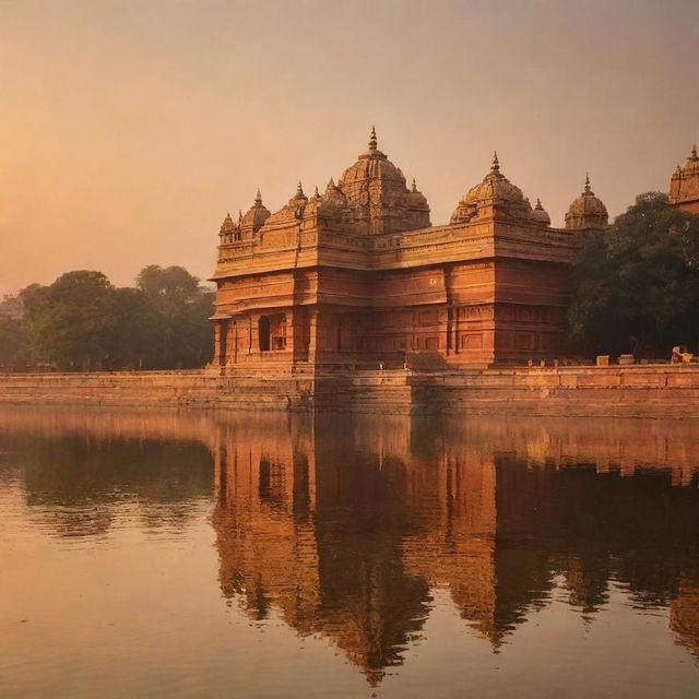 A grandiose, traditionally designed Ram Mandir (Hindu temple) bathed in the golden hues of the setting sun with a serene river flowing nearby, reflecting the temple's majestic architecture.