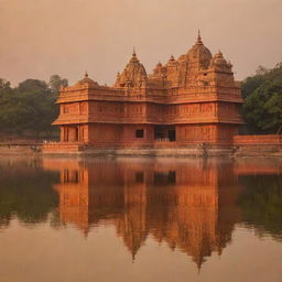 A grandiose, traditionally designed Ram Mandir (Hindu temple) bathed in the golden hues of the setting sun with a serene river flowing nearby, reflecting the temple's majestic architecture.