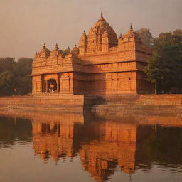 A grandiose, traditionally designed Ram Mandir (Hindu temple) bathed in the golden hues of the setting sun with a serene river flowing nearby, reflecting the temple's majestic architecture.