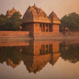 A grandiose, traditionally designed Ram Mandir (Hindu temple) bathed in the golden hues of the setting sun with a serene river flowing nearby, reflecting the temple's majestic architecture.