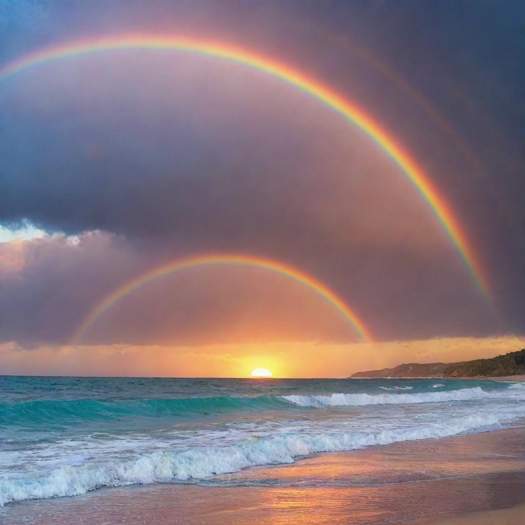 A vivid sunset over a tranquil sea with dolphins playing near the shore and a colorful rainbow in the sky.