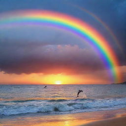 A vivid sunset over a tranquil sea with dolphins playing near the shore and a colorful rainbow in the sky.