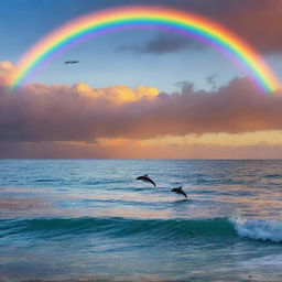 A vivid sunset over a tranquil sea with dolphins playing near the shore and a colorful rainbow in the sky.