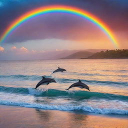 A vivid sunset over a tranquil sea with dolphins playing near the shore and a colorful rainbow in the sky.