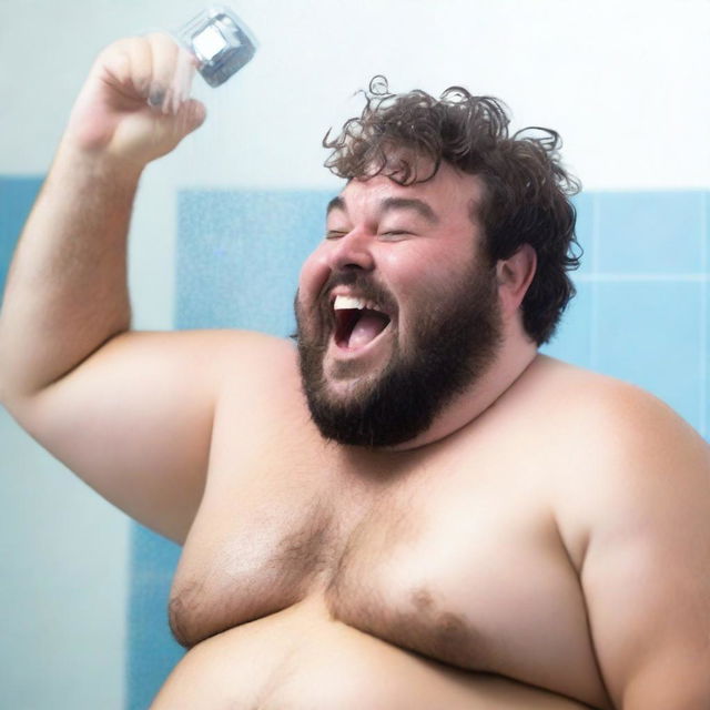 Generate an image of a chubby, hairy man taking a shower