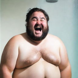 Generate an image of a chubby, hairy man taking a shower