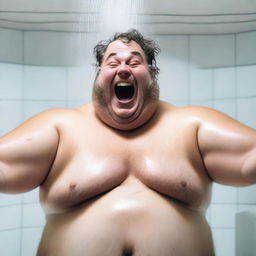 Generate an image of a chubby, hairy man taking a shower