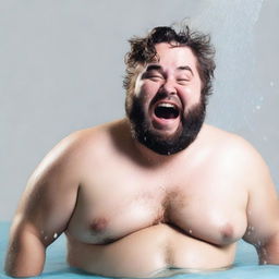 Generate an image of a chubby, hairy man taking a shower