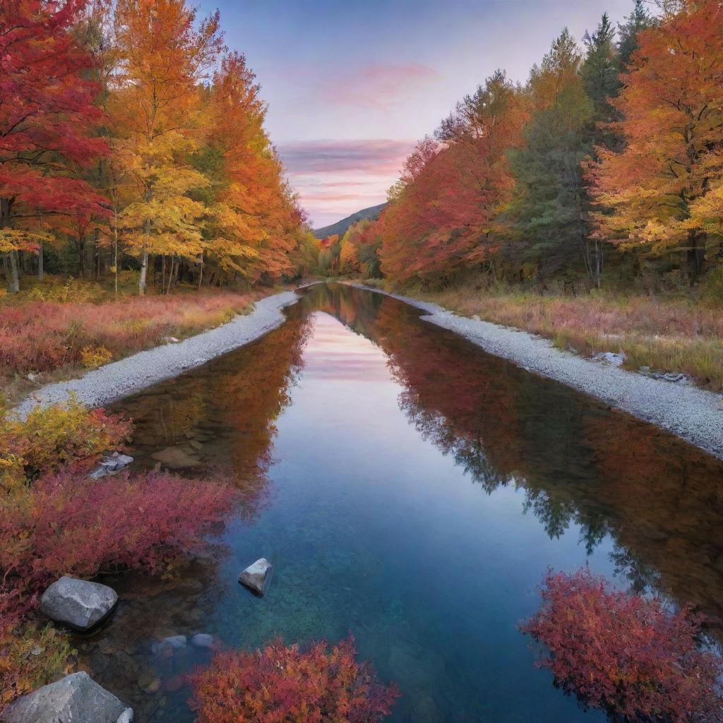 A serene landscape during twilight, where a crystal clear river winds through vibrant, colorful, autumnal trees.