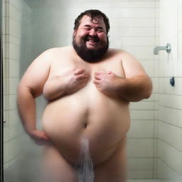 Generate an image of a chubby, hairy man taking a shower