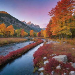 A serene landscape during twilight, where a crystal clear river winds through vibrant, colorful, autumnal trees.