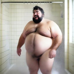 Generate an image of a chubby, hairy man taking a shower