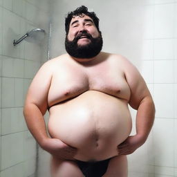 Generate an image of a chubby, hairy man taking a shower